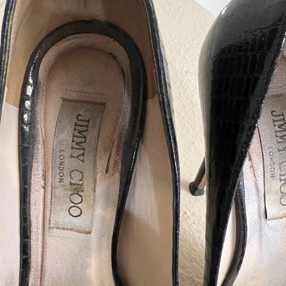 Jimmy Choo Black Python Leather Open toes‎ heels Pumps . Size 37.5 US 7.5